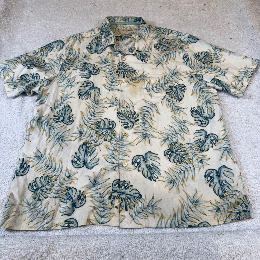 Tommy Bahama Mens XL Silk Tropical Monstera Palm Print Camp Shirt Cream Teal
